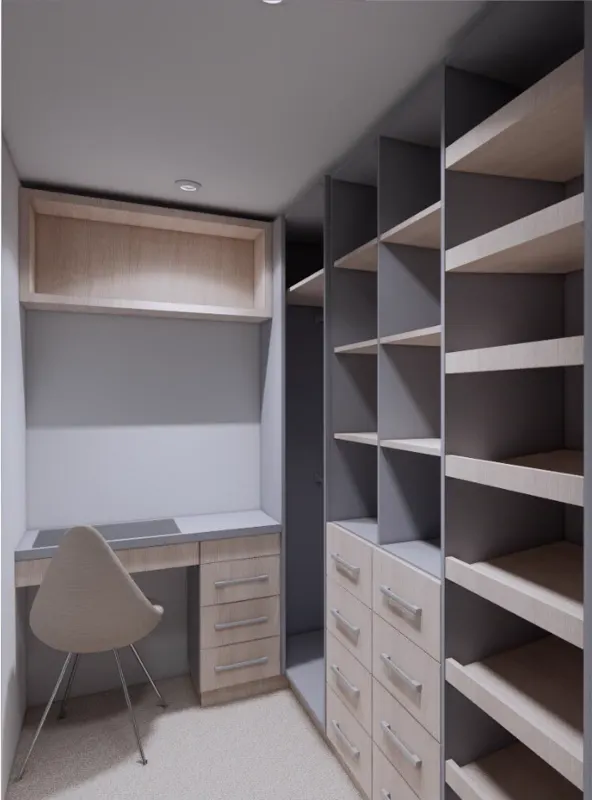 Render de walking clóset con estantería abierta de piso a techo, cajoneras y tocador con cubierta mixta de tablero y vidrio