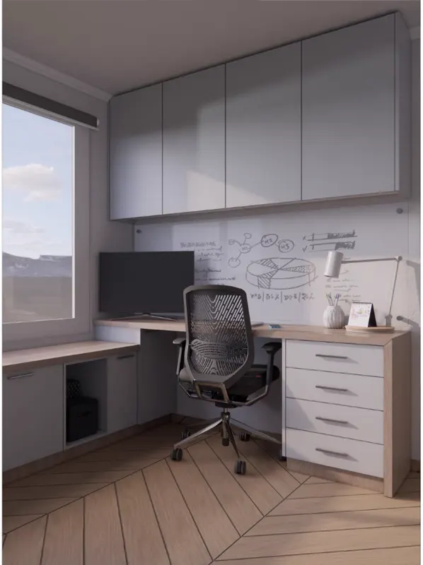 Render de escritorio en L con cubierta amaderada, muebles colgantes grises, cajonera y silla de oficina junto a una ventana