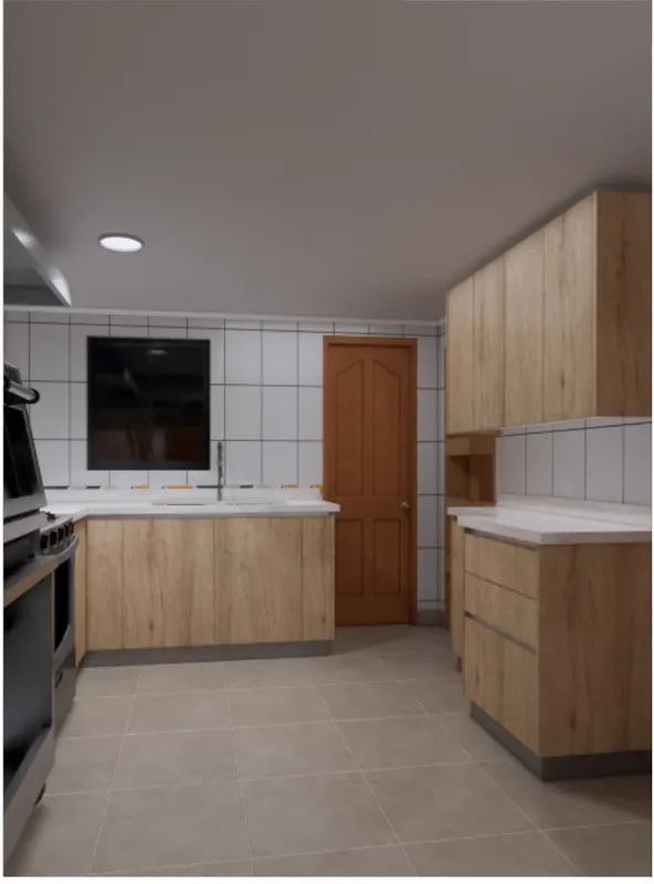 Render de cocina con muebles en tablero MDP Sahara de veta clara, cubierta de cuarzo blanco marfil y muro de cerámica blanca