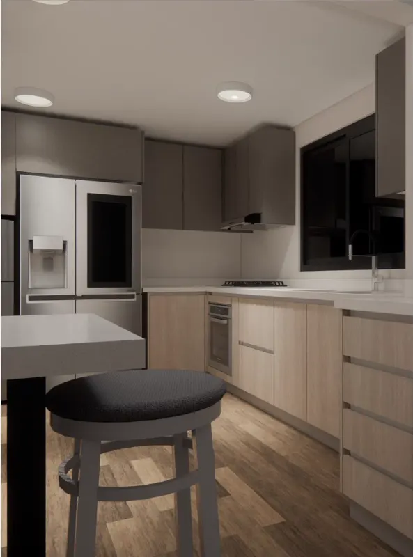 Render de cocina que combina muebles bajos en tablero Tokai claro con muebles altos color Seda Notte, isla con cubierta de cuarzo y piso de madera